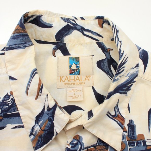 Kahala Men's SS Button Shirt Hawaiian Fishes Theme Large Beige - Picture 5 of 7